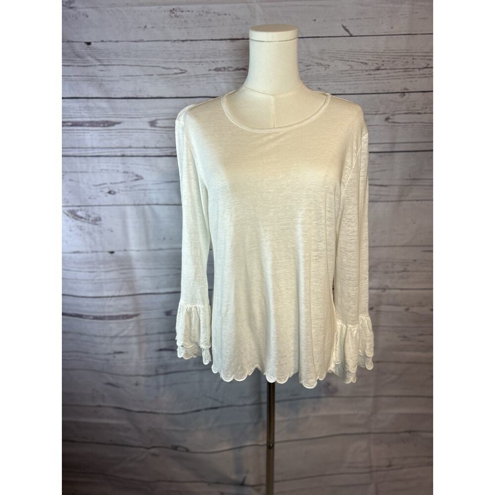 Frame White Linen Bell Sleeve Top Scalloped Hem Size M